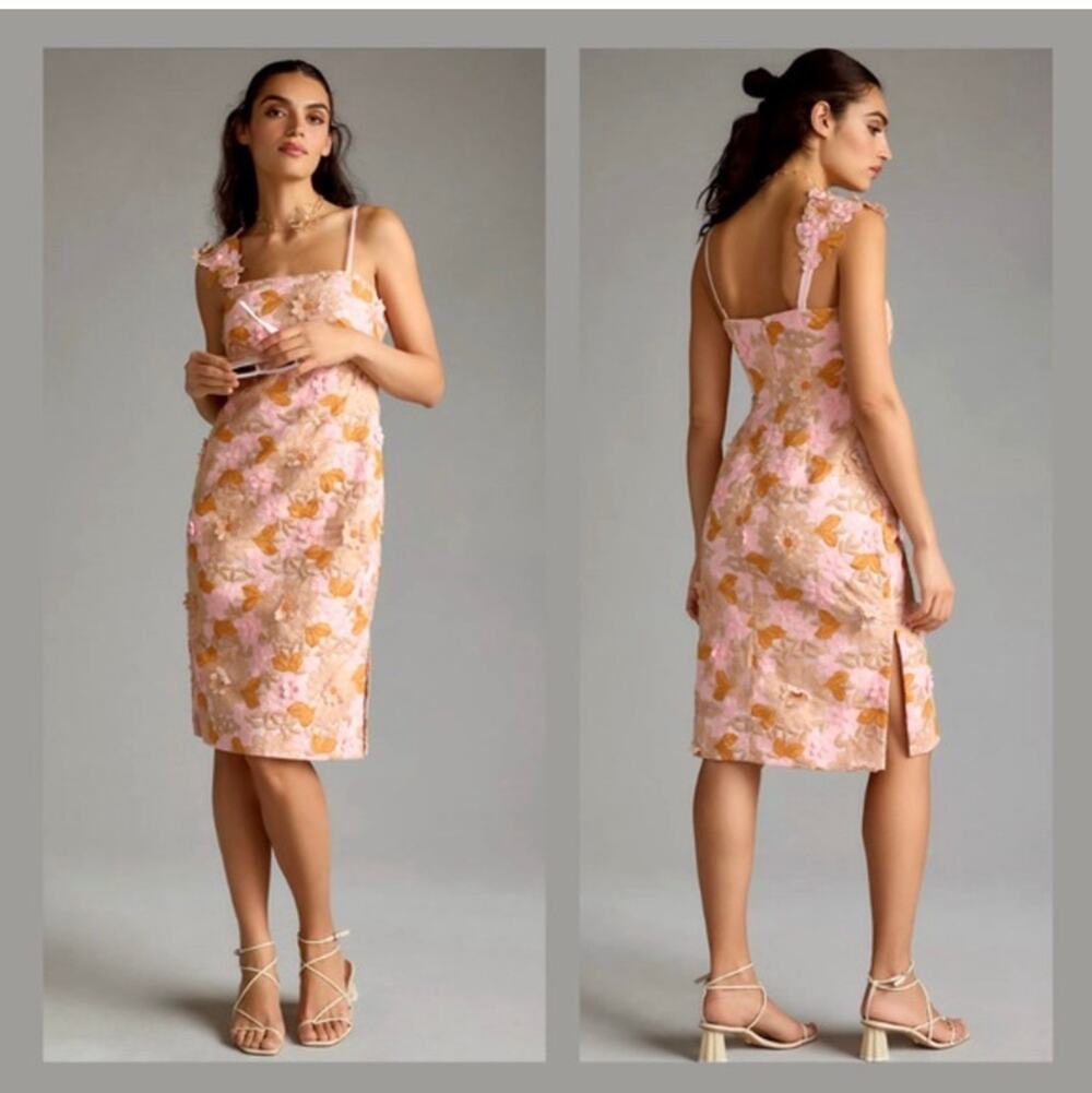 Anthropologie 3D Floral Appliqué Embroidered Midi Dress Size 4 Asymmetric Strap
